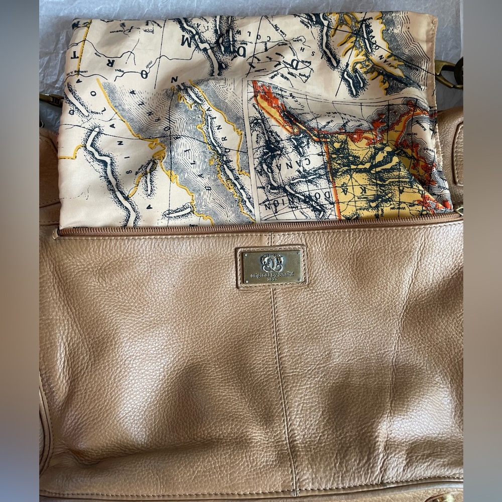 Original by Sharif 1827 Genuine Leather Shoulder Bag Tan Chain Details Map Lined - Picture 15 of 17